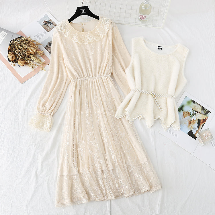 Mink sweater lace with bottomed skirt suit two-piece suit foreign style  4491