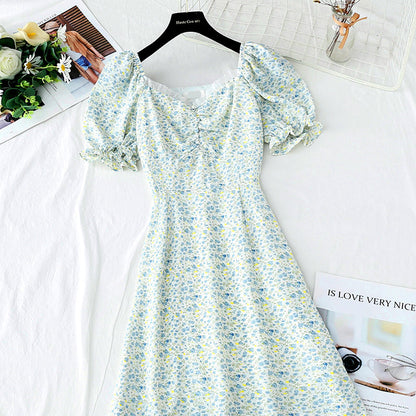 Line shoulder square neck bubble sleeve waist narrow skirt  3738