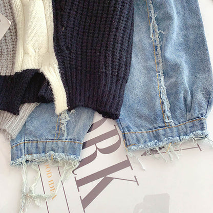 Denim sleeve stitched sweater niche sweater top  4923