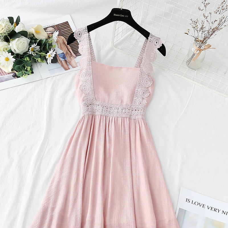 Cotton linen dress French retro gentle suspender dress  4263
