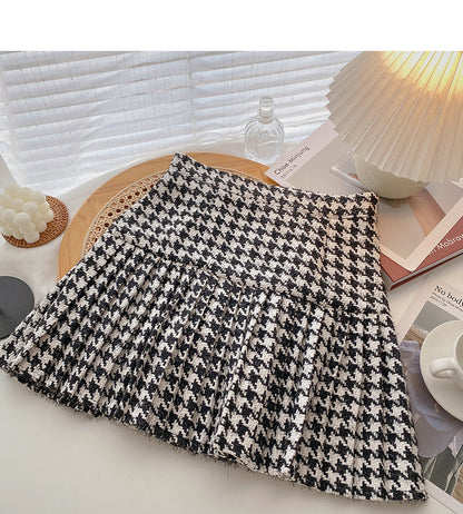 Korean double breasted design retro fashion thousand bird pleated skirt  5413