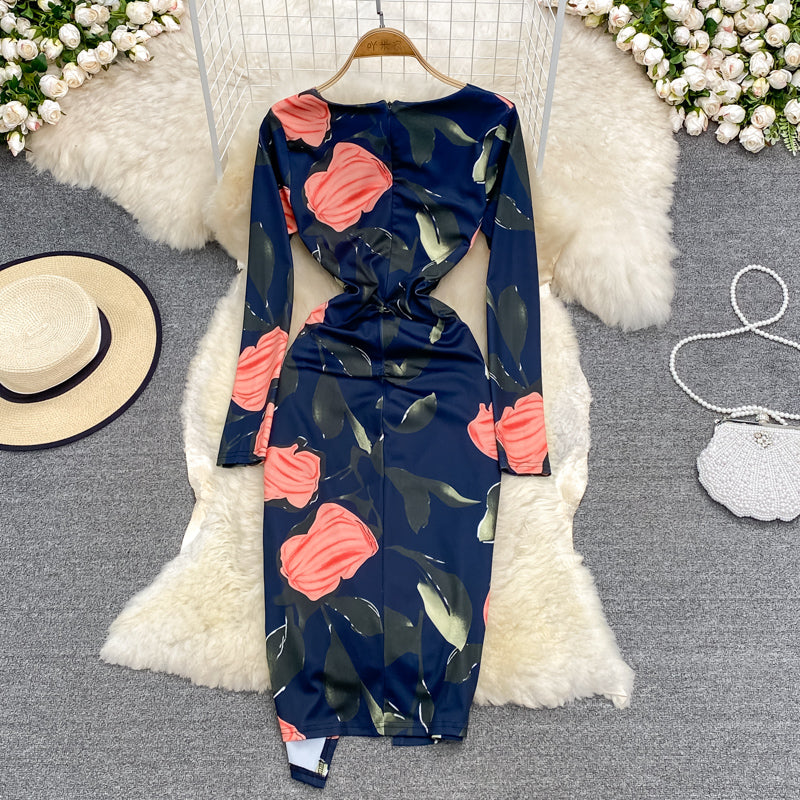 Sexy waist closing V-neck open hip wrap dress long sleeve  3787