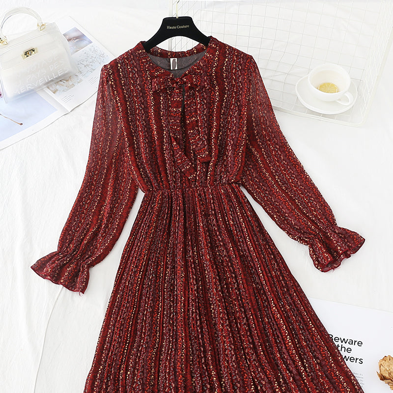New bow tie lace up slim Pleated Chiffon bottomed skirt  4533