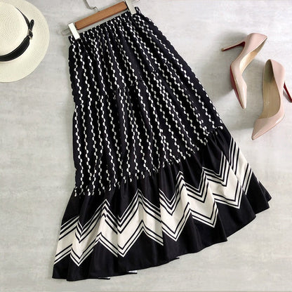 Spring skirt, spliced polka-dot flounce cake skirt, long skirt, wavy A-line skirt  3692