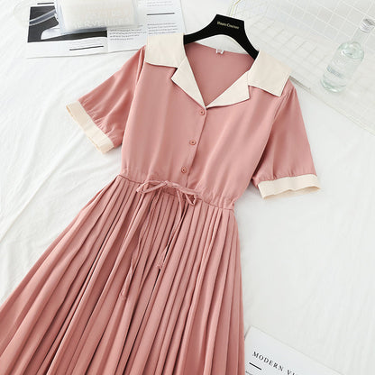 New style suit collar belt waistband slim pleated French dress  4676
