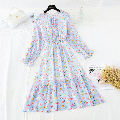 Lace up collar French soft wind Floral Dress  3837