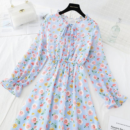 Lace up collar French soft wind Floral Dress  3837