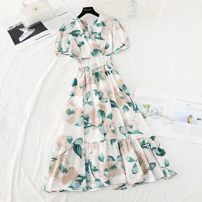 V-neck bubble sleeves, slim waist, large hem and long skirt  4199