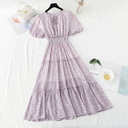 Gentle wind floral dress sweet fairy skirt bubble sleeve A-line skirt  4894