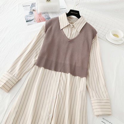New skirt striped shirt + knitted vest set loose College English two piece set  4543