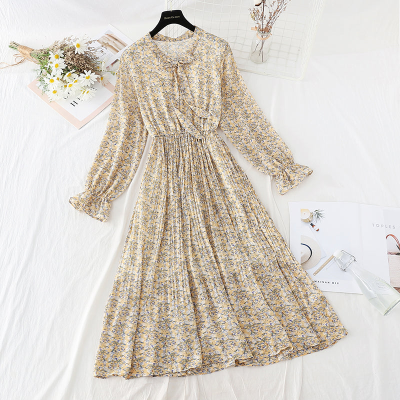 New Chiffon bow pleated skirt elastic waist thin age reducing Floral Dress  4807