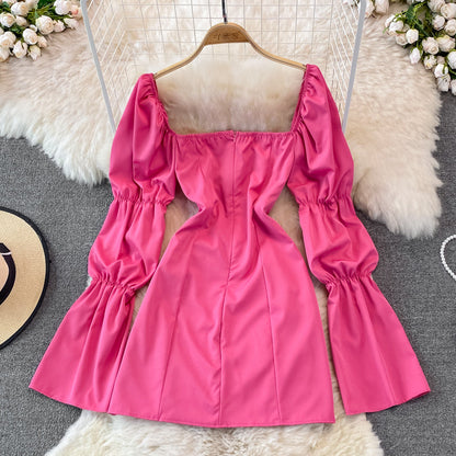 Bubble sleeve square neck high waist slim dress  3761
