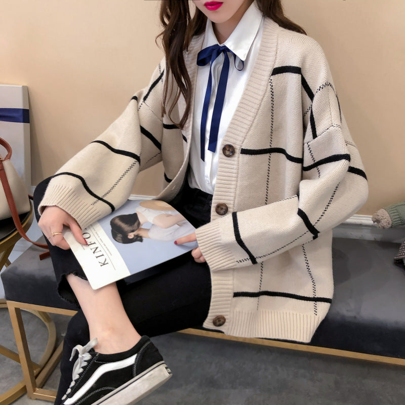 Harajuku sweater cardigan Plaid knitted jacket  5268