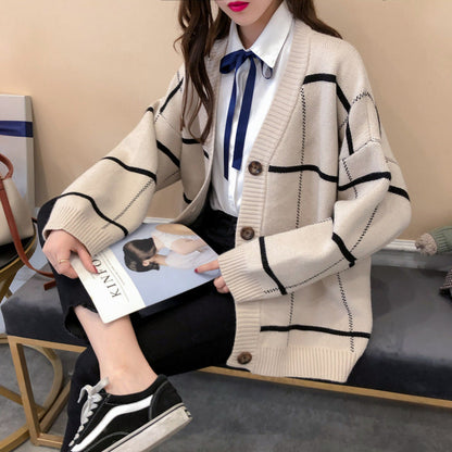 Harajuku sweater cardigan Plaid knitted jacket  5268