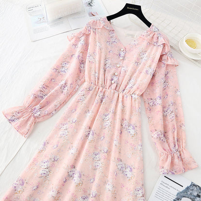 French retro knee Chiffon Long Sleeve Dress  3833