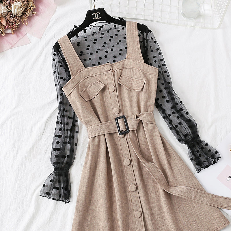 Suspender dress + Polka Dot mesh bottomed shirt set female  3863