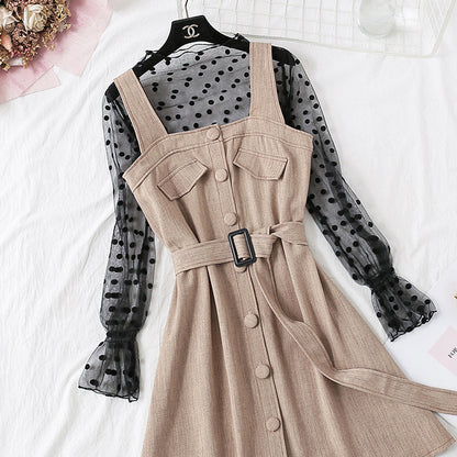 Suspender dress + Polka Dot mesh bottomed shirt set female  3863