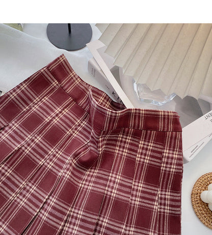 Pleated tweed skirt, Retro High Waist A-line skirt  5300