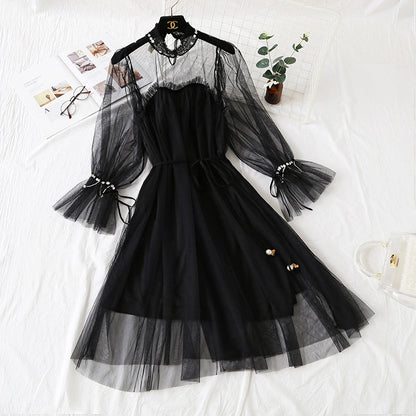 Mesh dress with Beaded long sleeve lace  4307