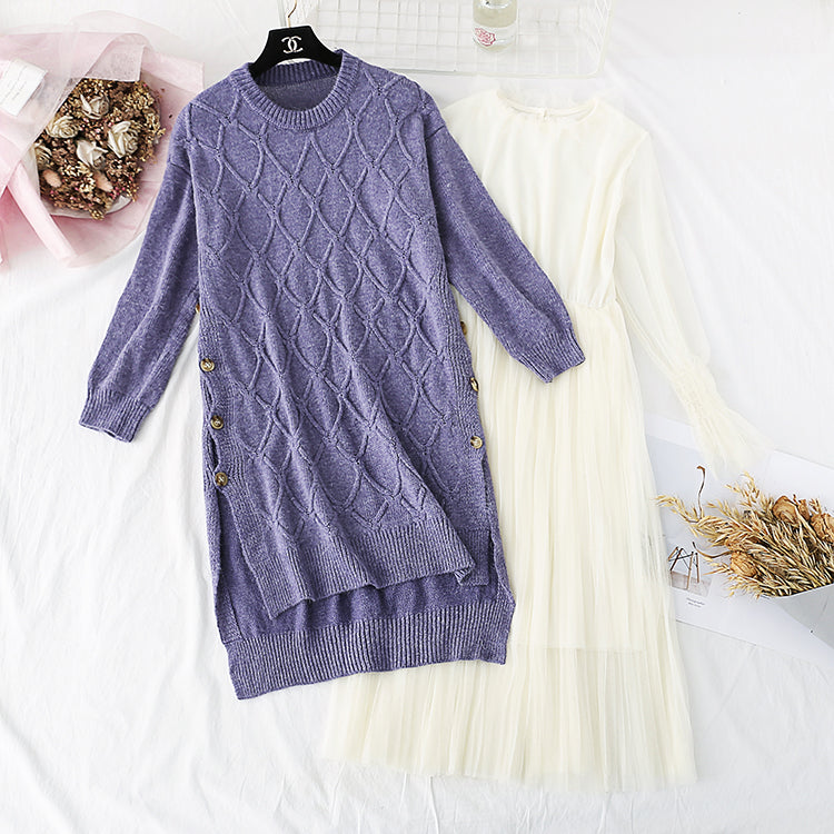 French retro Pullover + mesh bottomed skirt two-piece suit skirt  4454