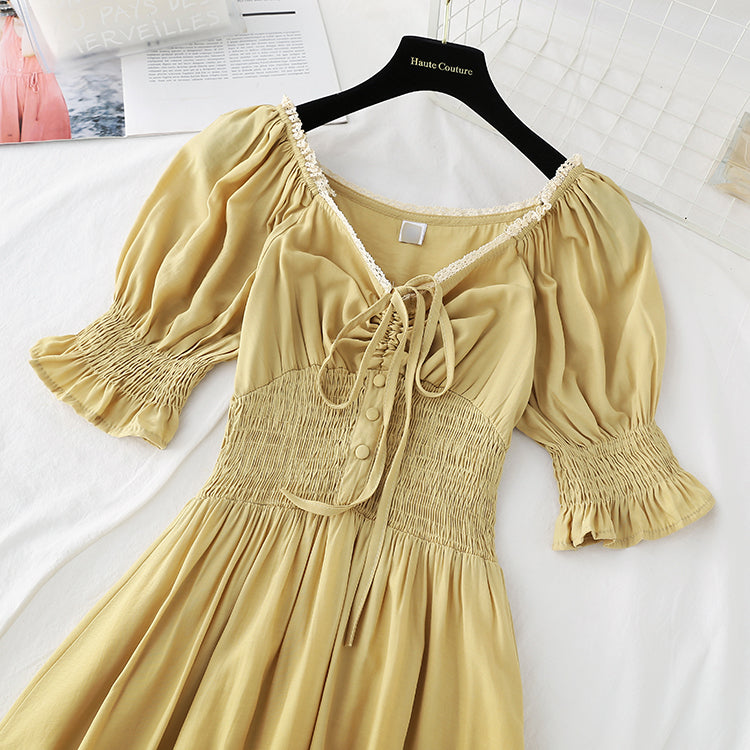 New style bubble sleeve length French retro skirt with slim waist  4218