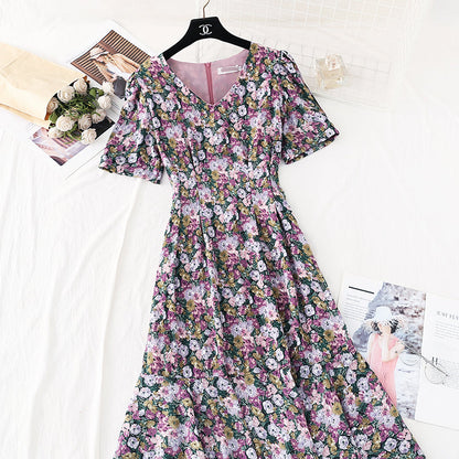 The new waist is slim, French retro Chiffon oil painting fishtail skirt  4585