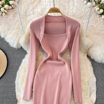 Square neck tight elastic knitted dress  3758