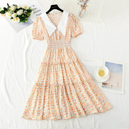 New doll collar skirt bubble sleeve floral medium length skirt  4877