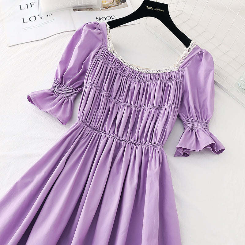 Close waist to show thin temperament square neck skirt French retro long skirt  4149