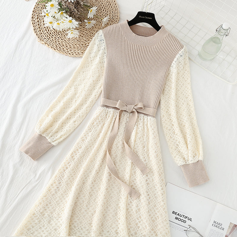 Knit dress with coat lace stitching  4788