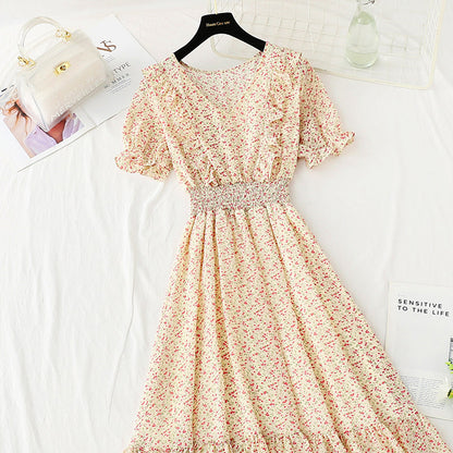 New French gentle style V-neck fungus edge Chiffon temperament small skirt  4858