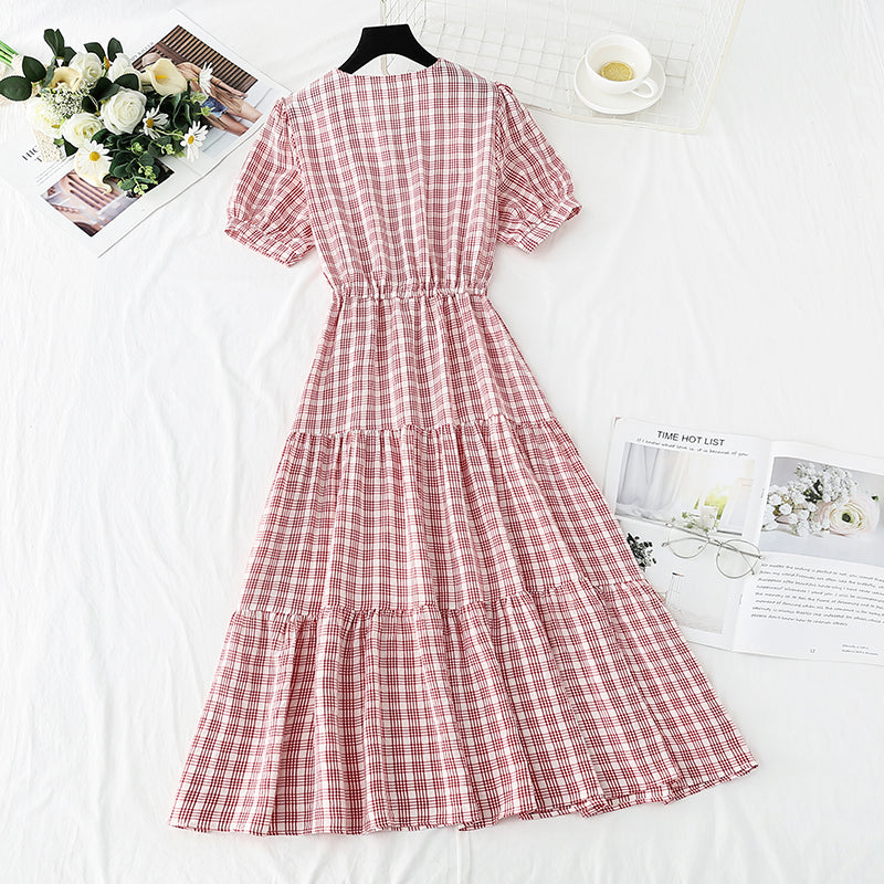 French retro V-neck dress with slim waist  4269