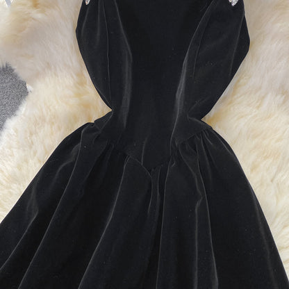 Suspender skirt gold velvet diamond studded strapless dress  3746