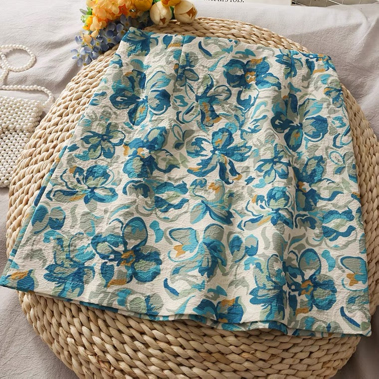 Vintage, printed high-waisted, short-cut skirt, embossed A-line skirt  3600