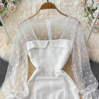 Fashion mesh wave point splicing square neck temperament retro dress  3775