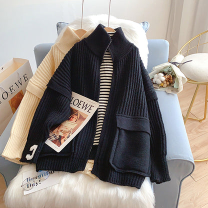 High neck zipper large pocket design sweater coat  5190