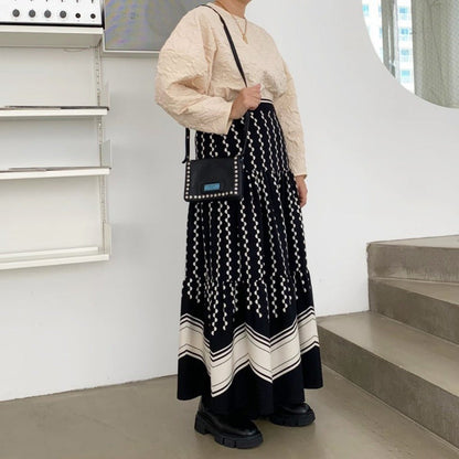 New skirt, stitching retro polka-dot print skirt, wavy pattern high waist long cake skirt  3678