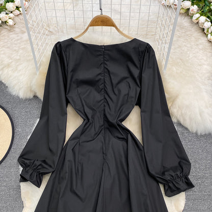 Bubble sleeve square neck dress waist strap black small foreign skirt  3789
