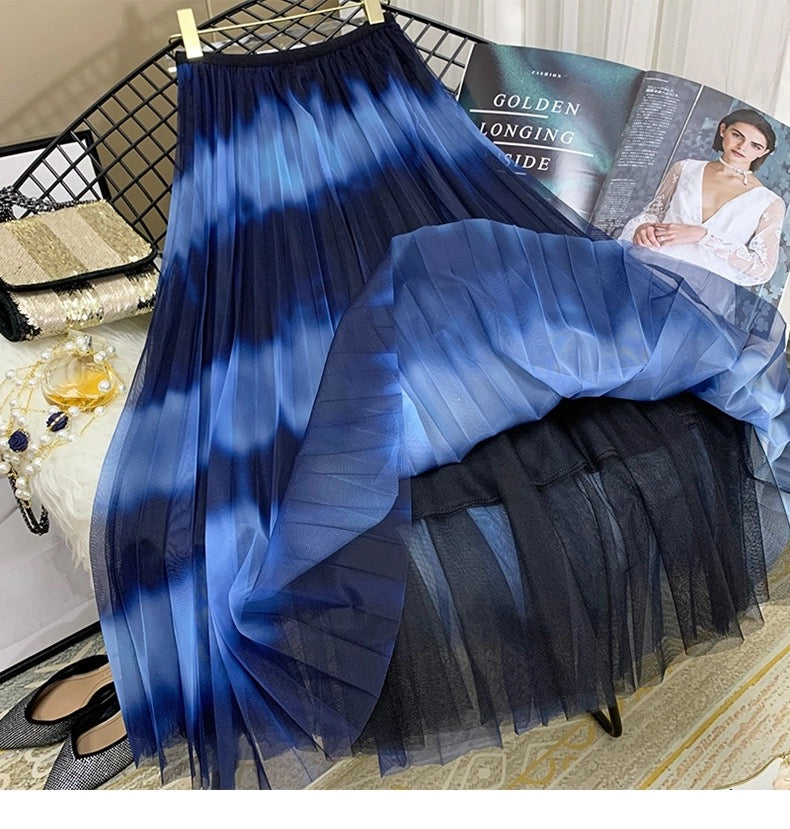 New gauze skirt, clash color stripes pleated skirt, midi vertical skirt with gradient color  3677