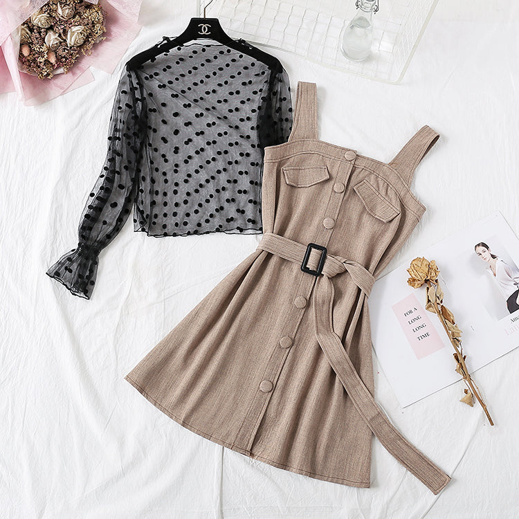 Suspender dress + Polka Dot mesh bottomed shirt set female  3863