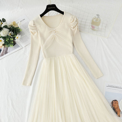 Mesh stitched knitted dress temperament long skirt  4416