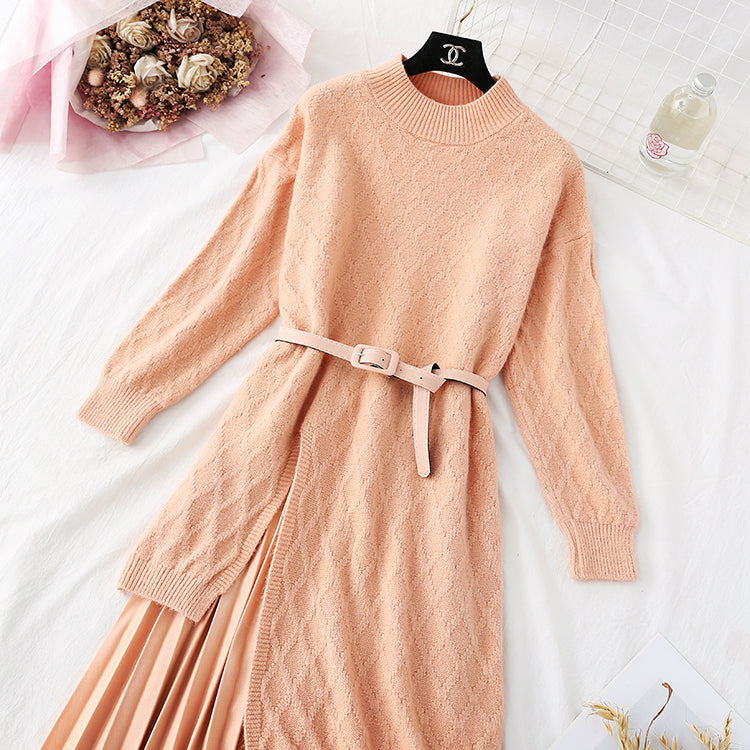 Knee knitted sweater pleated skirt two piece set  4463