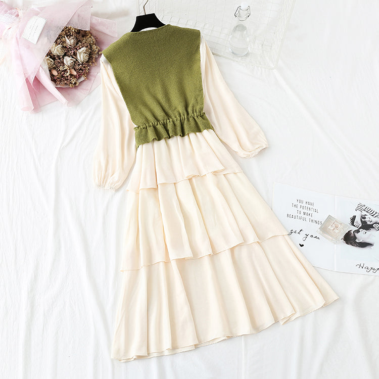 Knitted vest bottomed cake long skirt two-piece suit foreign style  3928