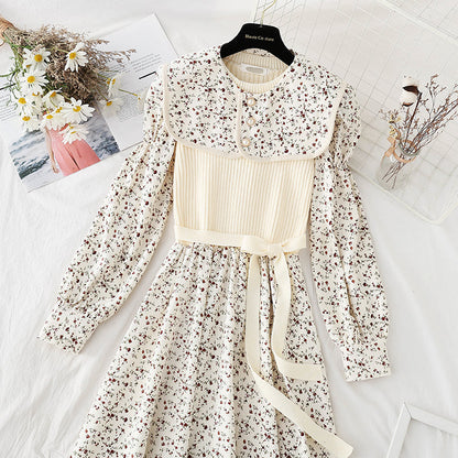 Lapel patchwork floral dress versatile aging skirt  4070
