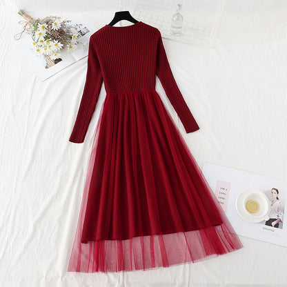 The new waist is slim and retro mesh stitched sweater skirt  4781