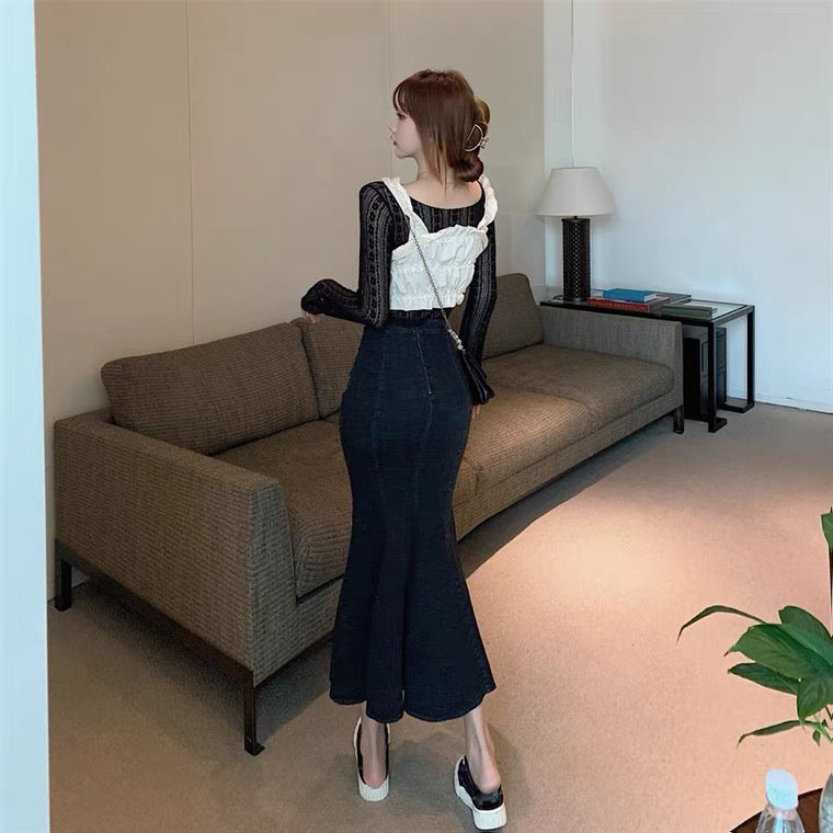 Fashion Mermaid Skirt, New Style, High Waist, Midi Hip Skirt, Vintage Denim Skirt  3570