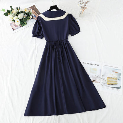 French retro doll collar bubble sleeve waist closing tea break skirt  4268