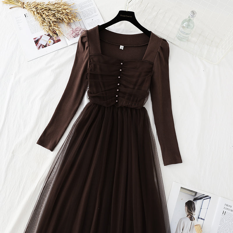 Square neck slim French retro light cooked wind bottomed skirt  4558