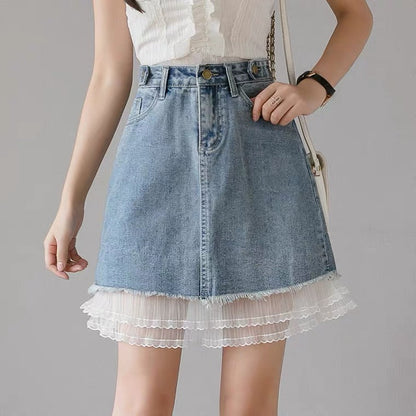 New, high-waisted denim patchwork A-line skirt, casual skirt  3606