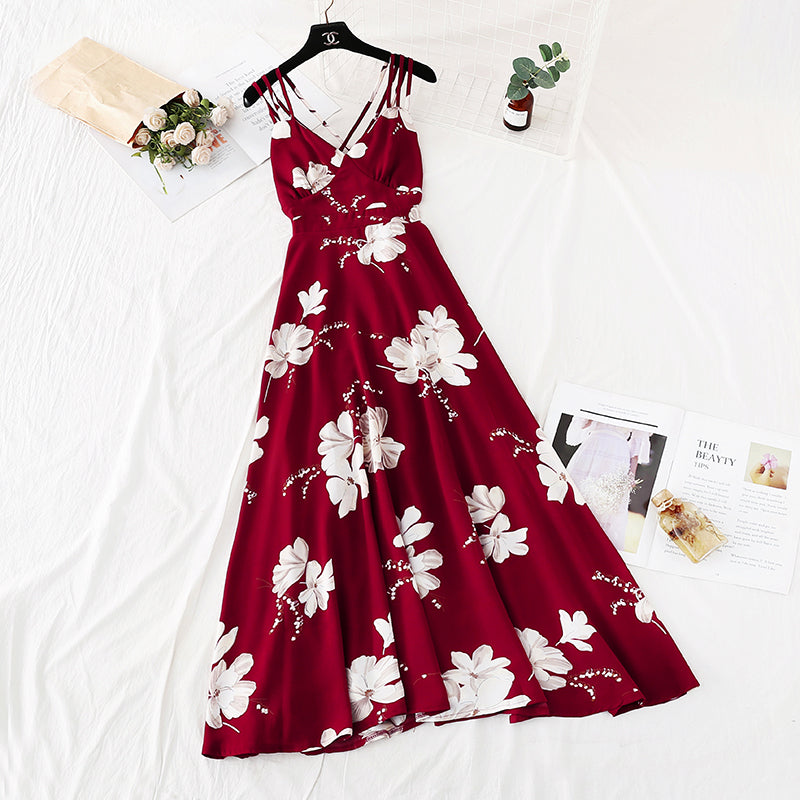 Broken Flower Chiffon dress female French first love skirt retro super Fairy  4108
